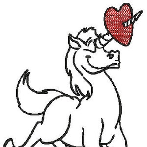 May include: A black and white line drawing of a unicorn running with a red heart with an arrow through it above its head.