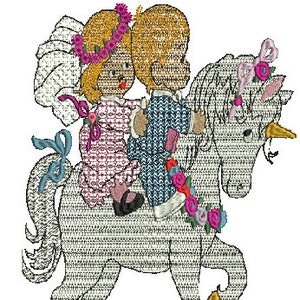 May include: A white unicorn with a gold horn and pink flowers around its neck. A girl and a boy are riding the unicorn. The girl is wearing a pink dress and a white veil. The boy is wearing a blue shirt and trousers.