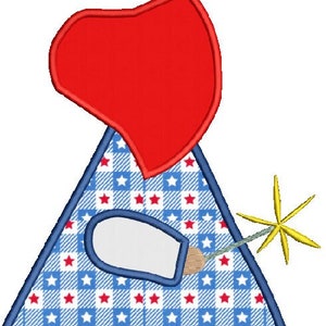 May include: A red, white and blue appliqué design of a firework with a star-shaped spark. The firework is shaped like a cone with a red top and a blue and white checked bottom.