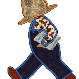 May include: A cartoon illustration of a person wearing blue overalls, a brown and tan camouflage hat, and a brown and tan camouflage shirt. The person is holding a newspaper with the word "remarkable" printed on it.