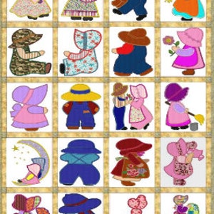 May include: A set of 20 framed images showcasing embroidered children's figures in diverse outfits. The figures are in various colours, including pink, blue, orange, and green. Each image has a gold border.