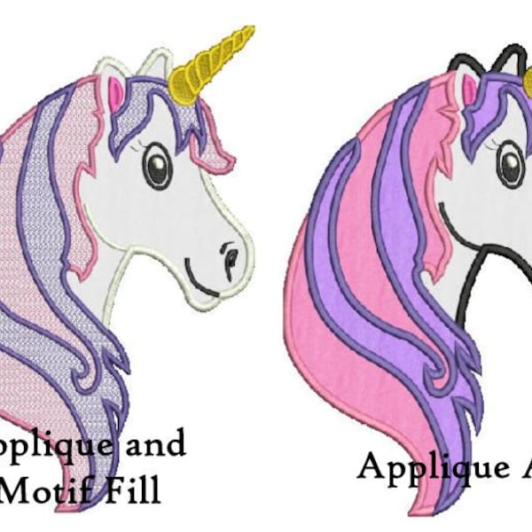 2 diseños de bordado de máquina applique unicornio, 8 formatos (pes, exp,jef,dst,xxx,hus,vip,vp3), 2 archivos zip, descarga instantánea