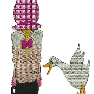 May include: A woman wearing a pink hat and a bow reads a newspaper while a white goose with orange feet looks at her.