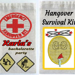 May include: A beige drawstring bag with the text "Emergency Hangover Kit" and "Karla's bachelorette party". The bag features a red cross emblem and two yellow road signs with black figures. The right side says "Hangover Survival Kit".
