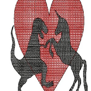 May include: A red heart with a black dinosaur and a black unicorn inside. The dinosaur is on the left side of the heart and the unicorn is on the right side.