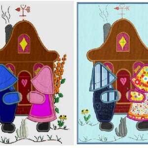May include: Two figures stand in front of a brown house with a red door. The figure on the left is wearing a blue hooded coat and blue trousers. The figure on the right is wearing a pink hooded coat and pink trousers. The house has a brown roof with a chimney and a weather vane on top. There are yellow flowers in the background.