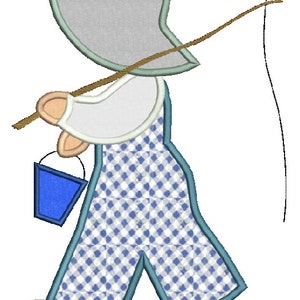May include: A blue and white checked overall with a light blue shirt and a grey hat. The person is holding a fishing rod and a blue bucket.