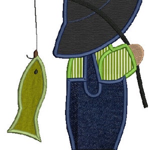 May include: A green and brown fish on a fishing line with a person wearing a blue and green striped shirt, blue overalls, and a black hat holding a fishing rod.