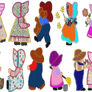 Sunbonnet dolls set of 10 applique embroidery,1 design,8 formats(dst,exp,jef,hus,pes,vip,vp3,xxx),instant download,1 zip,PDF cut files