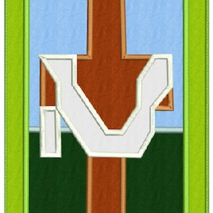 Könnte beinhalten: Ein weißer Buchstabe "V" mit braunem Umriss, vor einem blauen Hintergrund mit grünen und braunen Rändern. Der Buchstabe ist in einen grünen und violetten Rahmen gefasst.