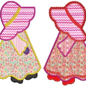 Set of 2 Sunbonnet Sue Dolls 1  machine embroidery Applique,4 sizes,8 formats(dst,exp,jef,hus,pes,vip,vp3,xxx),instant download,2 zips w/PDF