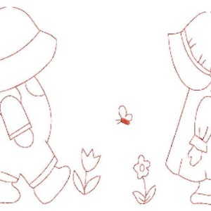 Redwork Sunbonnet Sue and Sam machine embroidery,4 sizes,8 formats(dst,exp,jef,hus,pes,vip,vp3,xxx),instant download,2 zips