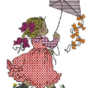May include: A girl in a red and white checkered dress flies a purple kite with orange ribbons. She has blonde hair with purple bows and is wearing black boots.