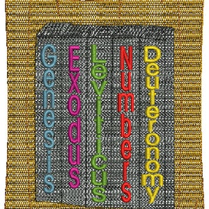 May include: Embroidered image of a Torah scroll with the words "THE TORAH" at the top. The scroll displays the names of the first five books of the Torah: Genesis, Exodus, Leviticus, Numbers, and Deuteronomy, in various colors.
