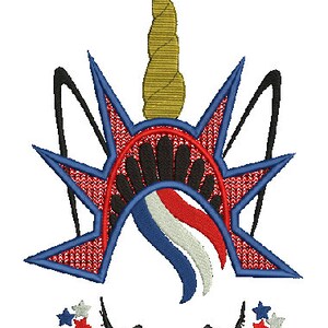May include: A red, white and blue unicorn head with a gold horn and stars. The unicorn's mane is styled like the Statue of Liberty.