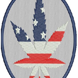 May include: A blue, white, and red embroidered patch in the shape of a marijuana leaf. The leaf is designed to look like the American flag.