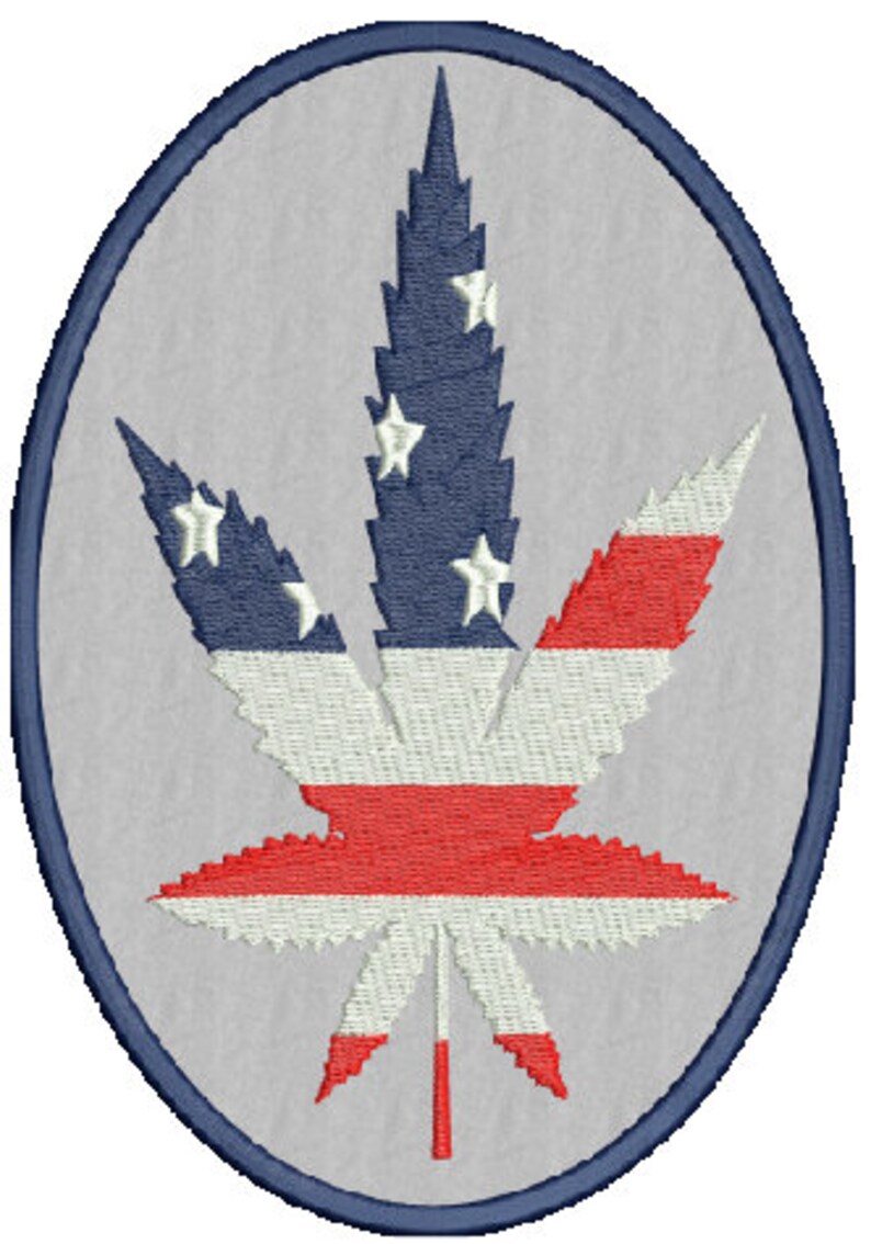 May include: A blue, white, and red embroidered patch in the shape of a marijuana leaf. The leaf is designed to look like the American flag.