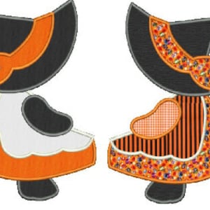 May include: Two stylized, cartoon-like figures of girls wearing black bonnets with orange and floral accents. The girls are wearing orange and white dresses with aprons. The image is a digital illustration.
