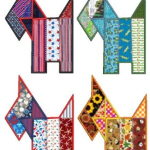 May include: Four patchwork dog-shaped quilted ornaments, each with a different color scheme and fabric pattern. The ornaments are made of various fabrics, including red, white, and blue, green, blue, and white, red, white, and blue, and brown, yellow, and white.