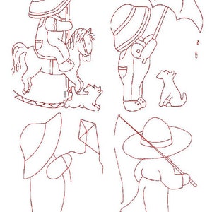 May include: A set of four black and white line drawings of children playing. One child is riding a rocking horse, another is holding an umbrella, another is flying a kite, and the last is holding a fishing rod.