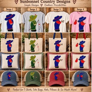 May include: A collection of t-shirts, tote bags, pillows, and baseball caps featuring four Sunbonnet Country Designs. The designs include a figure in a blue hat and overalls, a green fishing figure, a figure with a tool, and a figure carrying a red bundle.