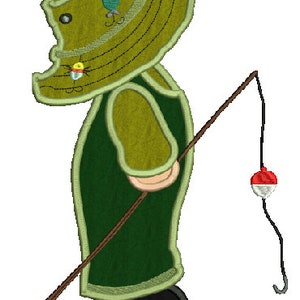 May include: A green and brown cartoon fisherman wearing a wide-brimmed hat with a fishing rod and a red and white bobber.