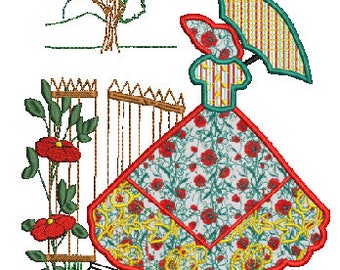 May include: Embroidered design of a woman in a red and white floral dress holding an umbrella, standing in front of a wooden fence with a gate and a small tree. The design is surrounded by a green border.