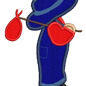 May include: A blue and red cartoon illustration of a person wearing a blue hat and overalls carrying a red bag.