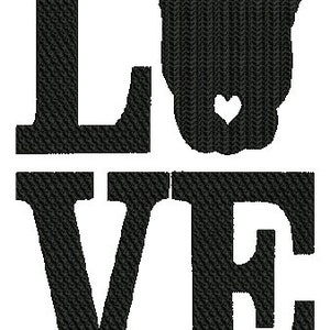 Könnte beinhalten: Schwarzweißes Grafikdesign des Wortes "LOVE" mit einer Silhouette eines Hundekopfes anstelle des "O".