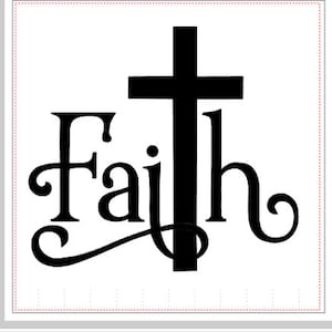 以下が含まれることがあります： 十字架と「信仰」という言葉をスタイリッシュなフォントで描いた白黒のグラフィックデザインです。