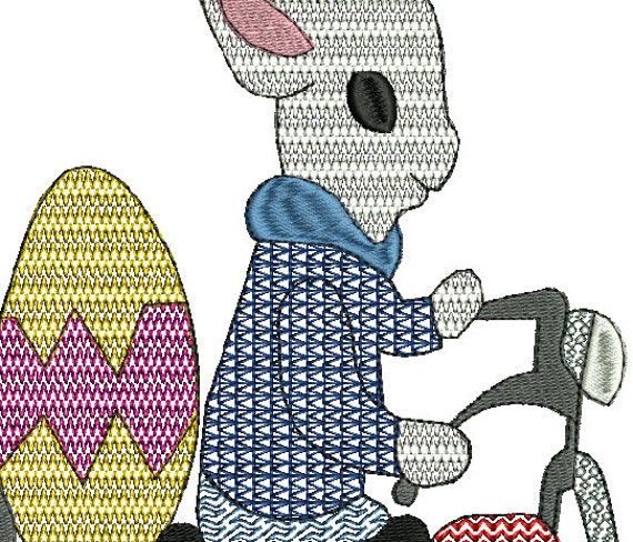 Easter Bunny Motorcycle Colorline Motif Machine Embroidery,4 Sizes