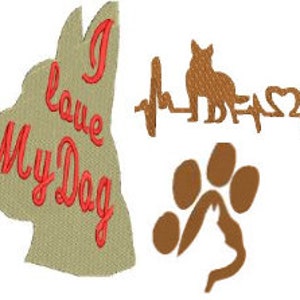 Könnte beinhalten: Bügelbilder mit Stickerei, die eine Hundesilhouette mit dem Text "I love My Dog", einen Pfotenabdruck mit einer Katzensilhouette und eine braune Katzensilhouette mit einer Herzschlaglinie und dem Text "BEAST" zeigen.