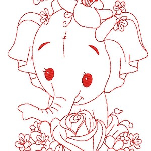 以下が含まれることがあります： 頭の上に花をつけた漫画の象の赤い線画。象は花とバラに囲まれている。