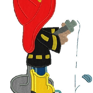 May include: A cartoon firefighter wearing a red hat and black and yellow uniform, holding a hose and spraying water.