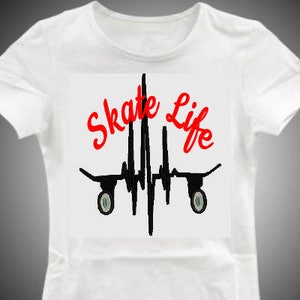 May include: White t-shirt with a black and red graphic design. The graphic features a stylized skateboard with the words "Skate Life" in red.