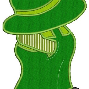 May include: A cartoon illustration of a figure in a green hat and coat, with a striped shirt visible. The figure is outlined in a darker green, with black shoes. The hat has a light green band.