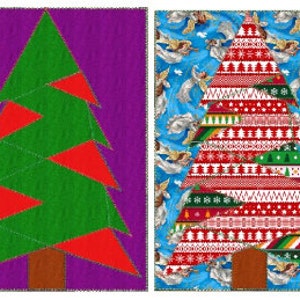 May include: Two Christmas tree ornaments. The first is a green felt tree with red felt accents on a purple background. The second is a red, green, and white patterned felt tree with a brown trunk on a blue background with white angels.