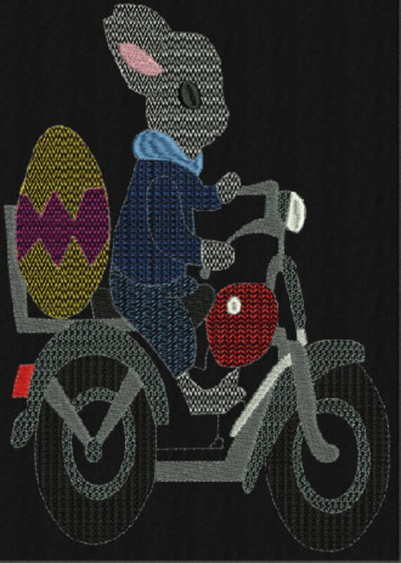 Easter Bunny Motorcycle Colorline Motif Machine Embroidery,4 Sizes