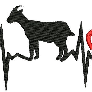 May include: Black goat silhouette with a heartbeat line, goat tracks, and a red heart with coffee beans. The design is a whimsical representation of goat and coffee love.