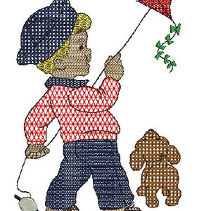 May include: A boy in a blue and white hat, red and white checkered shirt, and blue jeans is flying a red kite with a green tail. A brown dog is standing next to him.
