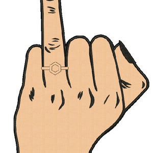 May include: A cartoon illustration of a hand with a ring on the middle finger, giving the middle finger gesture.