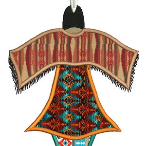 May include: Embroidered design of a Native American woman wearing a traditional dress with geometric patterns in shades of red, orange, blue, and green. The dress has a long, flowing skirt and a short, fitted bodice. The woman is wearing a headdress with a single feather.