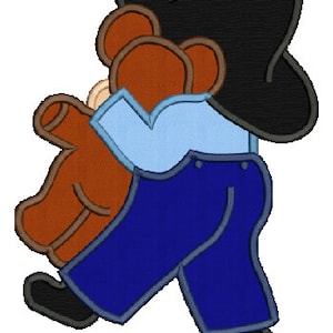 May include: A blue and brown cartoon illustration of a person wearing a black hat and carrying a teddy bear.