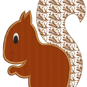May include: A brown cartoon squirrel with a large, curly tail. The squirrel is standing on its hind legs with its front paws raised. The tail is filled with a brown and white swirl pattern.