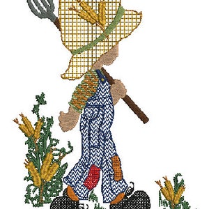 May include: An embroidered image of a scarecrow walking through a field. The scarecrow is wearing blue dungarees, a straw hat with wheat, and carries a pitchfork and a wooden staff. The image has a rustic, harvest theme.