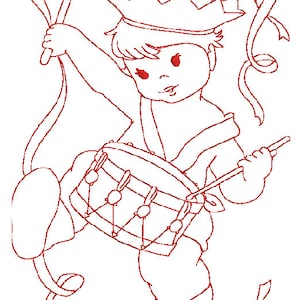 May include: A red line drawing of a child wearing a crown and playing a drum. The child is holding drumsticks and ribbons. The image has a whimsical, cartoonish style, suitable for children's products or holiday themes.