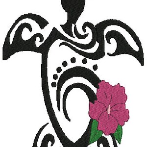 May include: Black and white stylised illustration of a turtle with a pink hibiscus flower. The turtle is drawn in a tribal style with intricate swirls and lines.