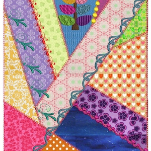 May include: A colourful patchwork quilt featuring a variety of patterns and textures, including hearts, flowers, and polka dots. The quilt is made up of different fabrics in shades of pink, purple, blue, green, and yellow.
