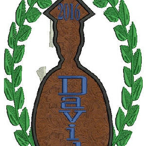 May include: Embroidered graduation design featuring the name "DAVID" in blue, with the year "2016" at the top. The design is brown with a floral pattern, framed by a black border and a green laurel wreath.