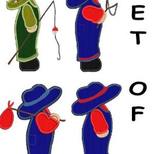 May include: Set of four embroidered patches featuring a cartoon boy in different poses. The boy is wearing overalls, a hat, and a shirt. He is holding a fishing rod, a slingshot, a stick, and a bag. The patches are ideal for adding a whimsical touch to clothing, bags, or other crafts.
